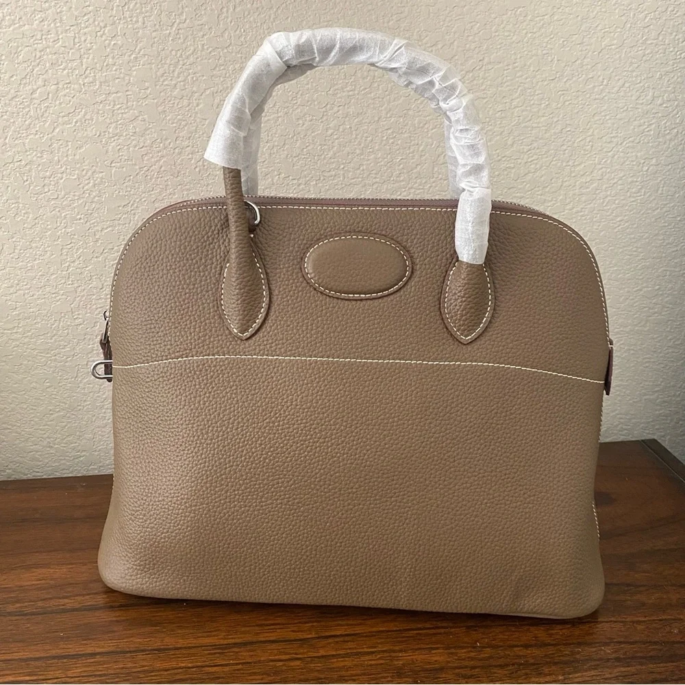 *FLAW Real Leather | Etoupe 35 CM Bolide Bag Top Zipper Satchel Purse S3
